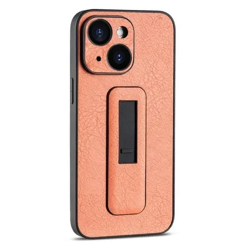 Funda de Teléfono para iPhone 14 con Soporte Push-Pull de Cuero PU a Prueba de Golpes (Naranja)