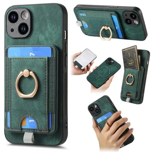 Funda de Teléfono para iPhone 14 Cuero con Bolsa de Tarjeta Magnética Divisible Retro (Verde)