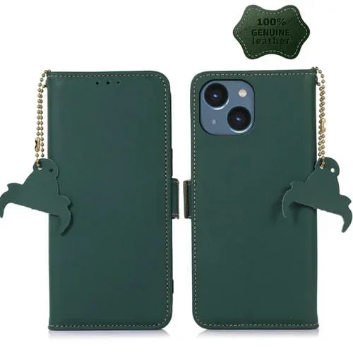 Funda de Teléfono para iPhone 14 Cuero Magnético Rfid Genuino (Verde)