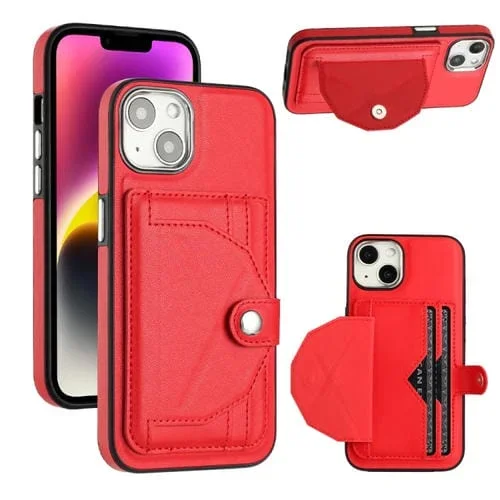 Funda de Teléfono para iPhone 15 Cuero a Prueba de Golpes con Tarjetero (Rojo)