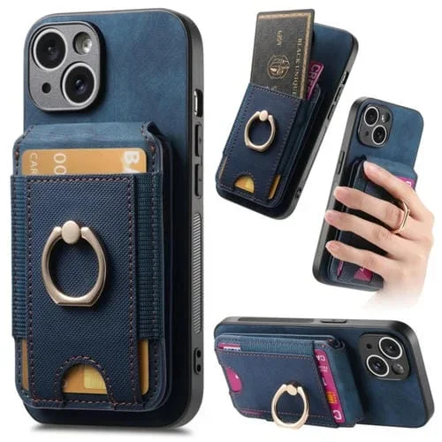 Funda de Teléfono para iPhone 15 Cuero Bolsa de Tarjeta Soporte Magnético Divisible (Azul)
