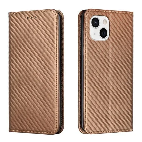Funda de Teléfono para iPhone 15 Cuero con Soporte y Textura de Fibra de Carbono (Marrón)