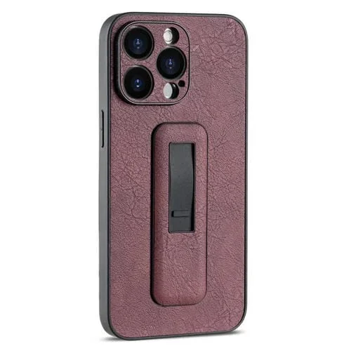 Funda de teléfono para iPhone 15 Pro a prueba de golpes con soporte Push-Pull de cuero PU (Rojo Vino)