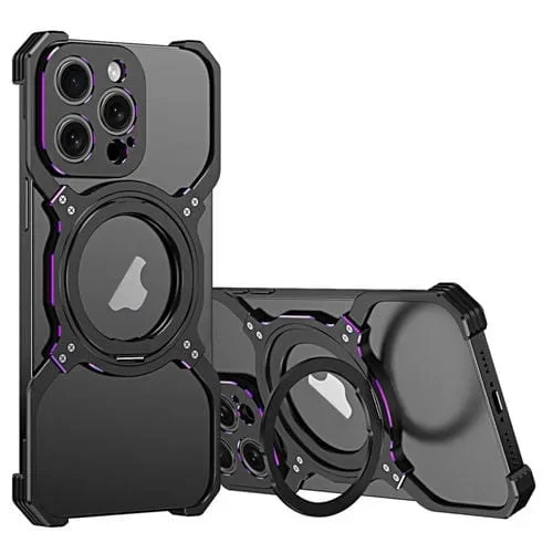 Funda de Teléfono para iPhone 15 Pro Metal con Soporte Magsafe sin Bordes y Brazo Mecánico (Negro Púrpura)