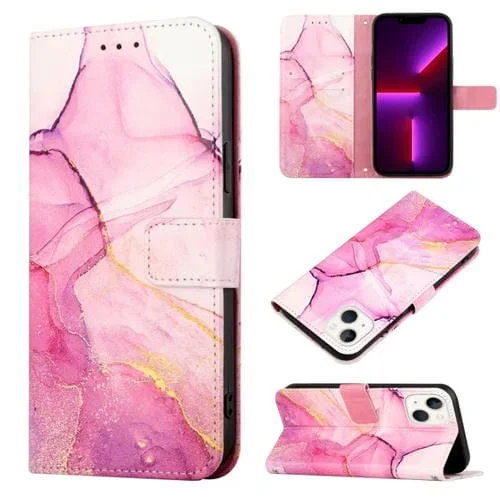 Funda de Teléfono para iPhone 15 Pt003 con Tapa de Cuero y Patrón de Mármol (Rosa Púrpura Dorado)