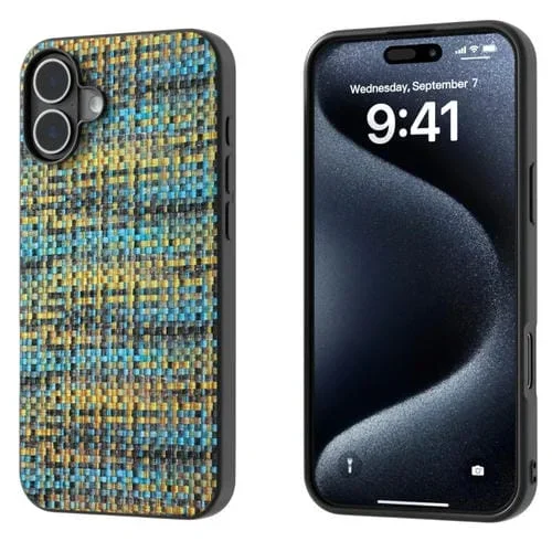 Funda de teléfono PU con marco negro y enrejado para iPhone 16 Plus (Dorado)