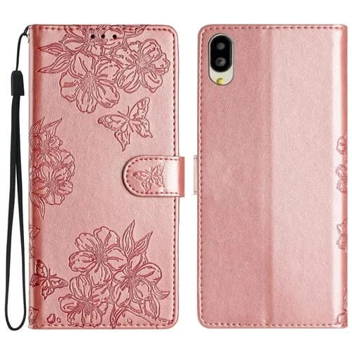 Funda de Teléfono PU con Relieve Mariposa y Flor de Cerezo para Sharp Basio Active SHG09 (Oro Rosa)