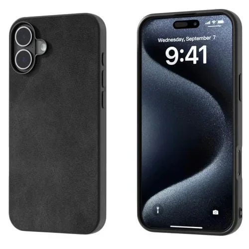 Funda de teléfono PU con textura de becerro para iPhone 16 (Negro)