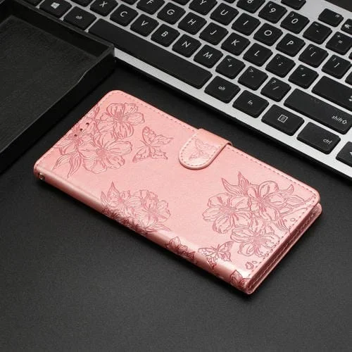 Funda de teléfono PU iPhone 12 Pro Max Relieve Mariposa y Flor de Cerezo (Oro Rosa)