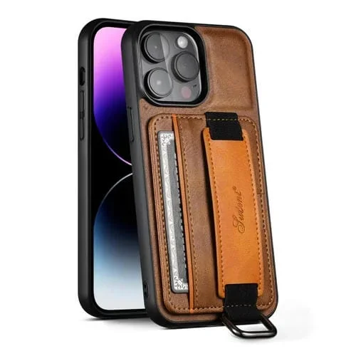 Funda de teléfono Suteni H13 para iPhone 11 Pro Max monedero tarjeta correa de muñeca (Marrón)