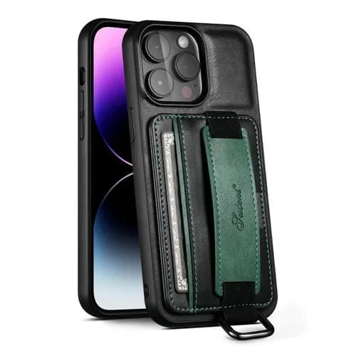 Funda de teléfono Suteni H13 para iPhone 13 Pro con tarjeta monedero y correa de muñeca (Negro)