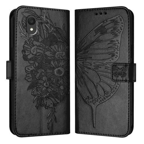 Funda de Teléfono TCL 201 de Cuero con Mariposa en Relieve (Negro)