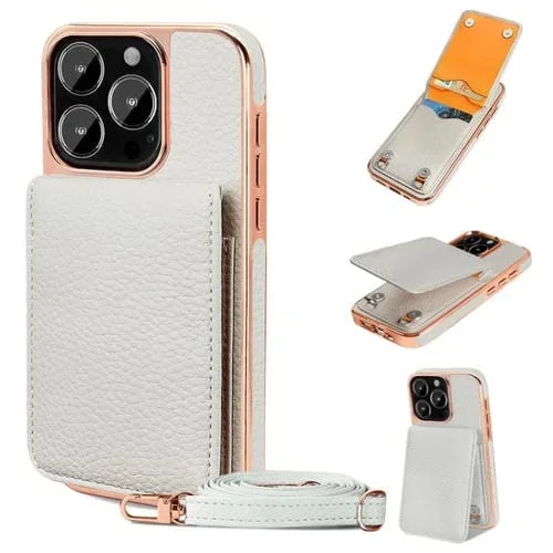 Funda de Teléfono Tipo Billetera Vietao Textura de Lichi Cordón de Pu para iPhone 16 Pro (Blanca)