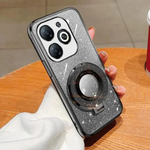 Funda de Teléfono TPU con Soporte Redondo y Purpurina para Tecno Spark 20/20C/Pop 8 (Negra)