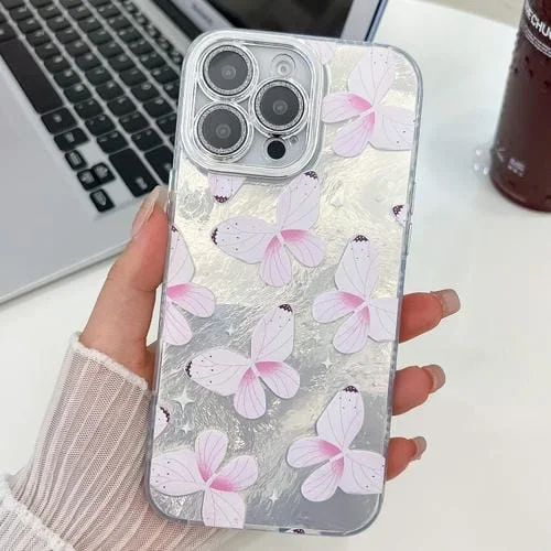 Funda de Teléfono TPU con Textura Enchapada y Mariposa para iPhone 16 Pro (Mariposas Rosas)