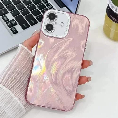 Funda de Teléfono TPU iPhone 16 Plus Textura Brillante Revestimiento Película Lente (Hilo de Plumas Rosa)