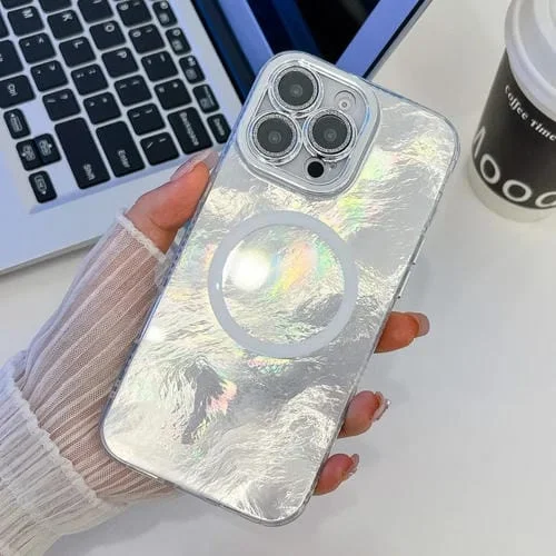 Funda de Teléfono TPU Magsafe iPhone 16 Pro Max Textura Enchapada Película Lente Purpurina (Papel de Aluminio Blanco)