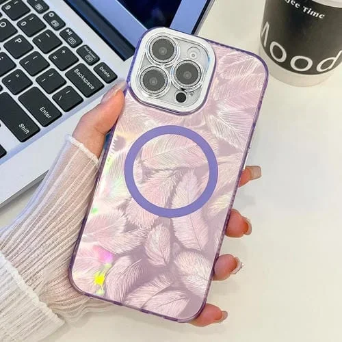 Funda de Teléfono TPU Magsafe iPhone 16 Pro Max Textura Enchapada Película Lente Purpurina (Plumas Moradas)