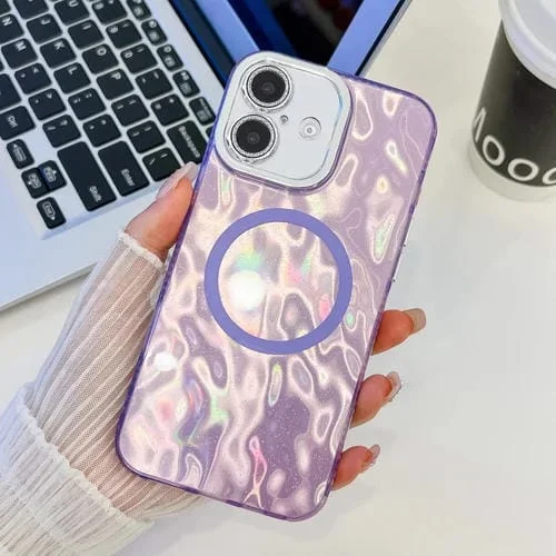 Funda de Teléfono TPU Magsafe para iPhone 16 con Textura Enchapada y Película de Lente Brillante (Arrugas Moradas)
