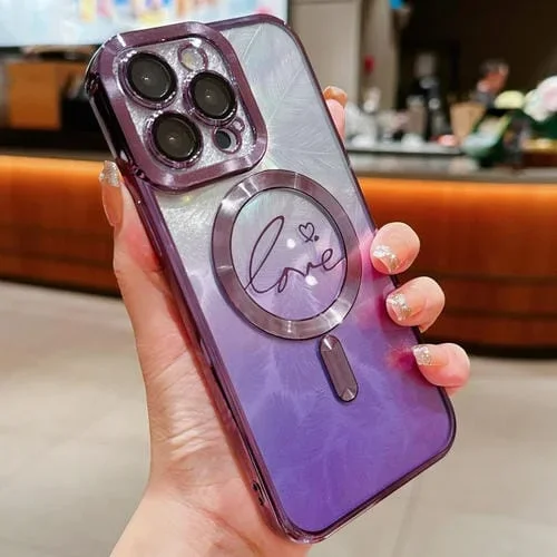 Funda de Teléfono TPU Purpurina Degradado Plumas Amor iPhone 14 Pro Max Magsafe (Morado)
