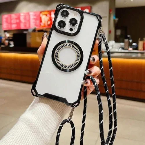 Funda de Teléfono TPU Transparente con Cuatro Esquinas y Cordón para iPhone 16 Pro Max Traveler Crossbody (Negro)