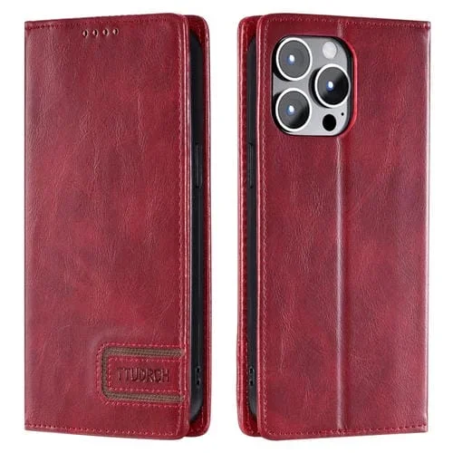 Funda de teléfono Ttudrch para iPhone 13 Pro Cuero Magnético con Textura Retro (Rojo)