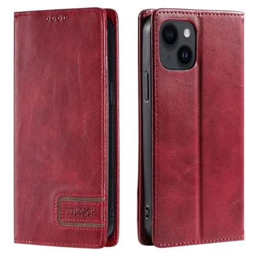 Funda de Teléfono Ttudrch para iPhone 14 / 13 Cuero Magnético Textura Retro (Rojo)