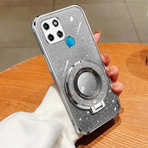 Funda de TPU con Soporte Redondo y Purpurina Degradada para Infinix Smart 6 (Plateada)