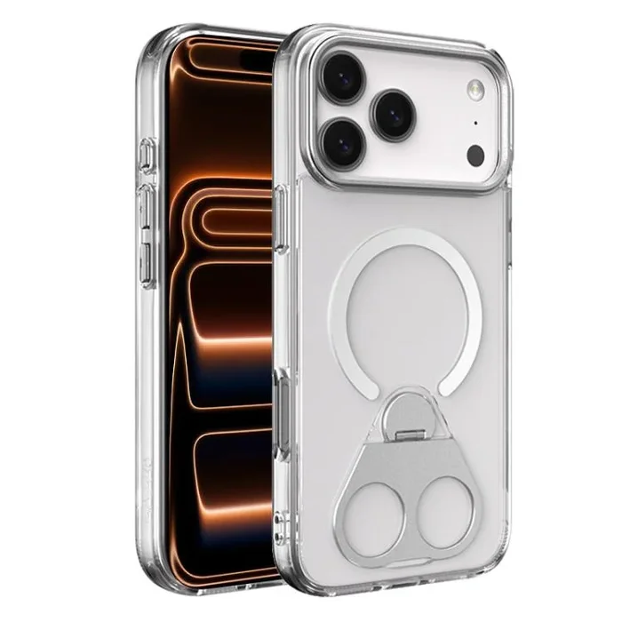 Funda de TPU MagSafe transparente para iPhone 17 Pro con soporte giratorio de 360 grados (plateada)