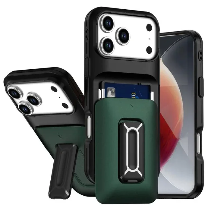 Funda deslizante con tarjetero integrado para iPhone 17 Pro Max con soporte (negro y verde)