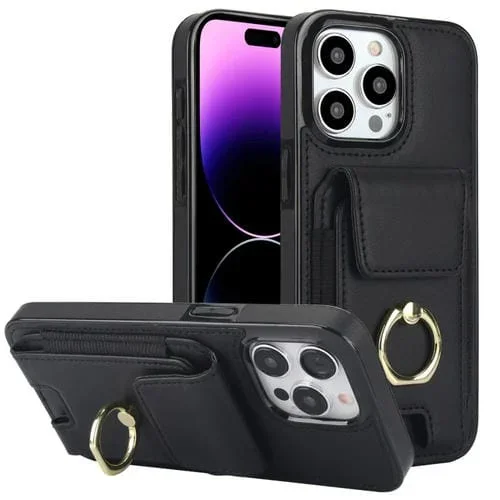 Funda Elástica para iPhone 14 Pro Max con Soporte para Anillo y Bolsa para Tarjetas (Negro)