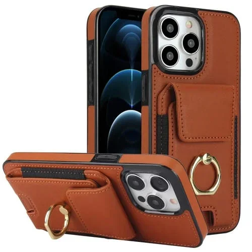 Funda Elástica para Teléfono iPhone 12 Pro Max con Soporte para Anillo y Bolsa para Tarjetas (Marrón)