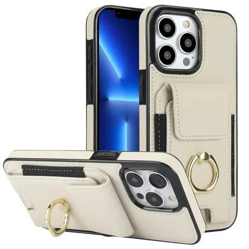 Funda Elástica para Teléfono iPhone 13 Pro con Soporte para Anillo y Bolsa para Tarjetas (Blanco)