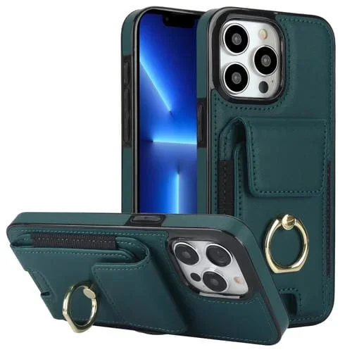 Funda Elástica para Teléfono iPhone 13 Pro con Soporte para Anillo y Bolsa para Tarjetas (Verde Oscuro)