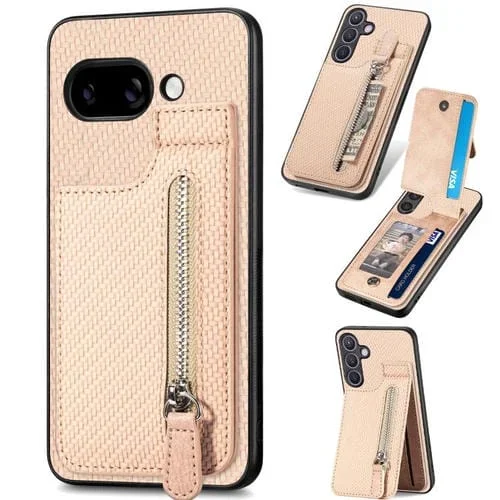 Funda Fibra de Carbono con Tapa Vertical y Cremallera para Google Pixel 9A (Caqui)