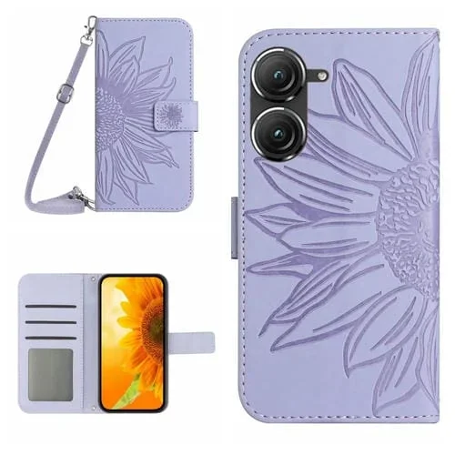 Funda Flip de Cuero Asus Zenfone 9 Skin Feel con Cordón y Patrón Sun Flower (Púrpura)