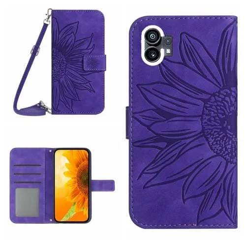 Funda Flip de Cuero For Nothing Phone 1 Skin Feel con Cordón y Patrón Sun Flower (Morado Oscuro)