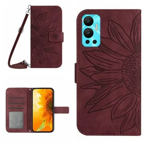 Funda Flip de Cuero para Infinix Hot 12 con Cordón y Diseño Sun Flower (Rojo Vino)