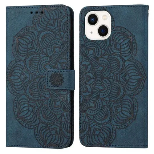 Funda Flip de Cuero para iPhone 15 Mandala en Relieve (Azul)