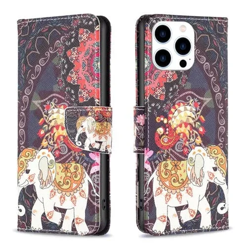 Funda Flip de Cuero para iPhone 15 Pro Patrón de Dibujo Coloreado Elefante de Flores