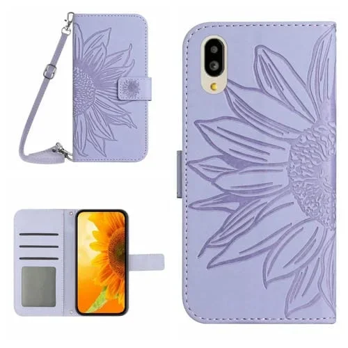 Funda Flip de Cuero para Sharp Simple Sumaho 6 con Cordón y Diseño Sun Flower (Púrpura)