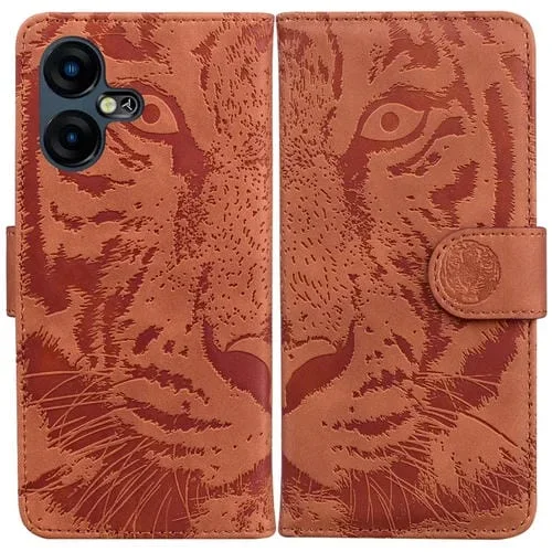 Funda Flip de Cuero para Tecno Pova Neo 3 con Patrón Tiger Embossing (Marrón)