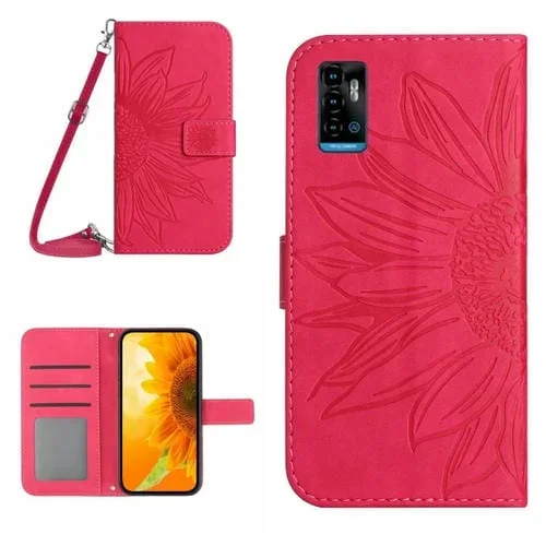 Funda Flip de Cuero para ZTE Blade A71 Skin Feel con Cordón y Diseño Sun Flower (Rose Red)