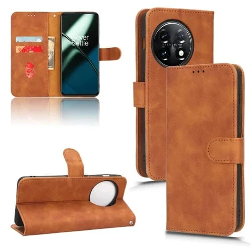 Funda Flip de Cuero Skin Feel para OnePlus 11 con Cierre Magnético (Marrón)