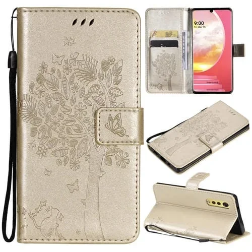 Funda Flip Horizontal LG Velvet 2 Pro con Soporte, Ranuras y Cordón (Oro) Patrón Árbol y Gato