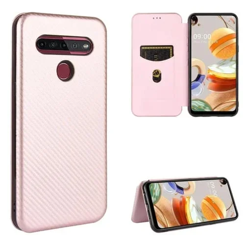 Funda Flip Horizontal para LG K41S / K51S con Textura Fibra de Carbono, TPU + PC, Ranura para Tarjeta (Rosa)