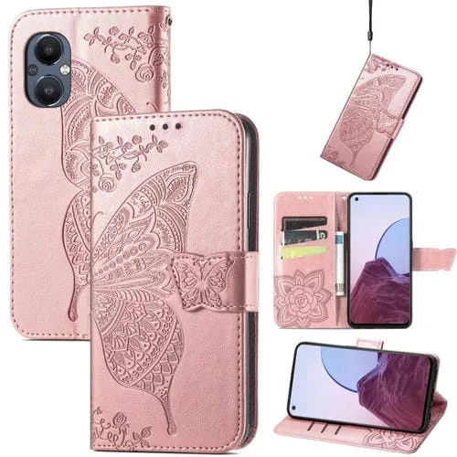 Funda Flip Leather para OnePlus N20 5G Butterfly Love Flower (Oro Rosa)