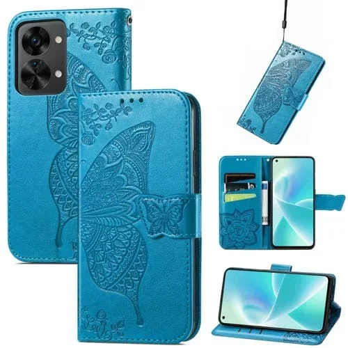 Funda Flip Leather Para OnePlus Nord 2T Butterfly Love Flower (Azul)