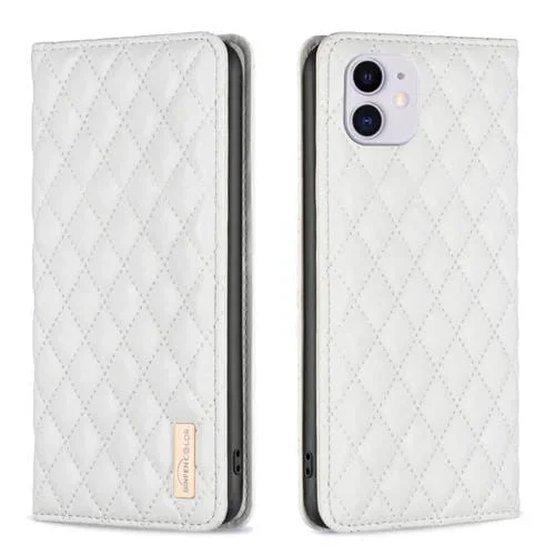Funda Flip para iPhone 11 Diamond Lattice Leather Magnetic Blanco