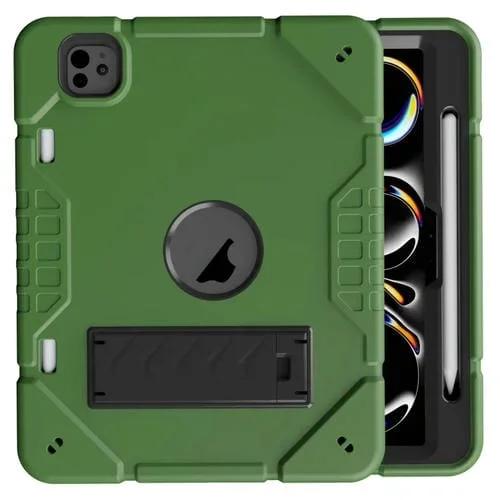 Funda híbrida de silicona para iPad Pro 11 (2024) con soporte de armadura (Verde Militar y Negro)